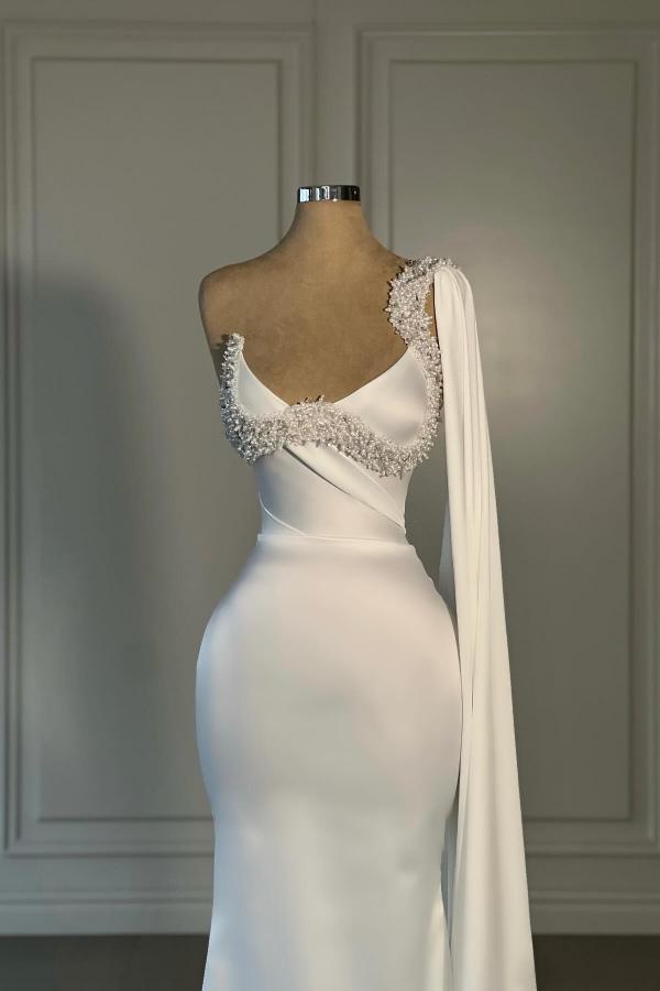 Strapless Long Satin White Mermaid Prom Dress with Long Cape-BallBride