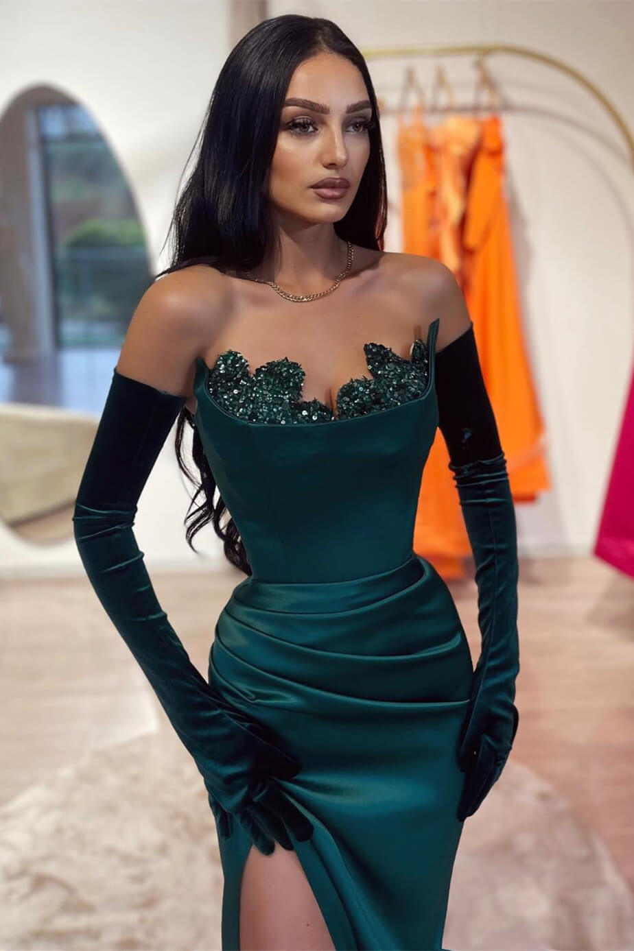 Strapless Mermaid Satin Sequined Ruched Prom Dress with Long Gloves-BallBride