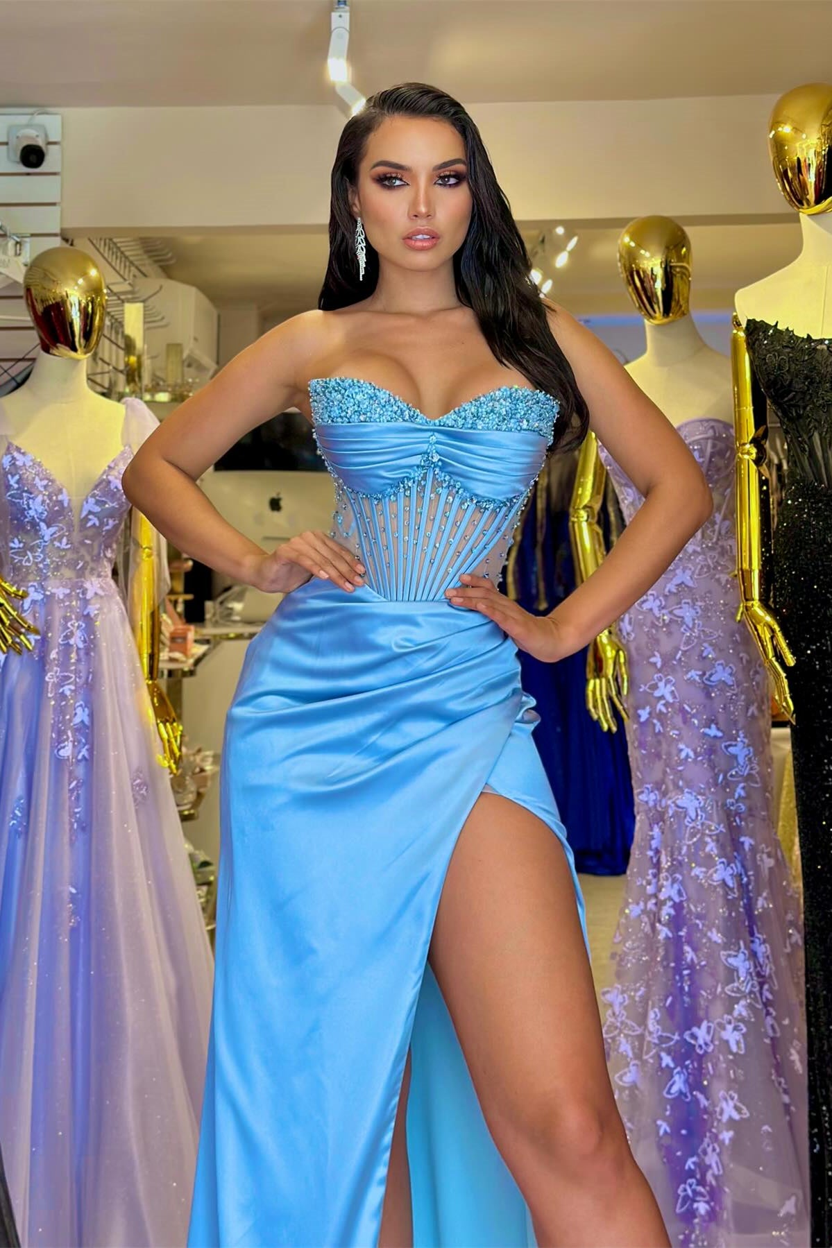 Strapless Sweetheart Split Front Long Prom Dress with Seqins and Ruffles-BallBride