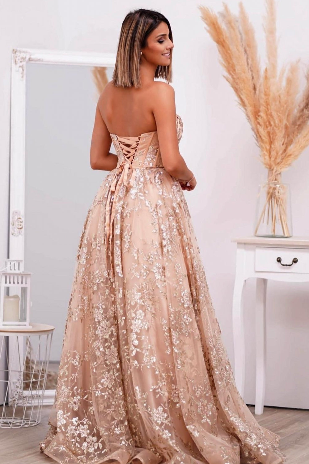 Strapless Tulle A-line Appliques Lace Up Back Long Prom Dress-BallBride