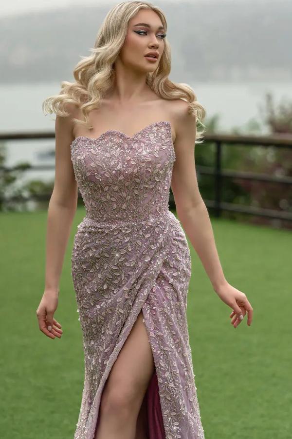 Strapless Tulle Appliques Lace Floor Length Mermaid Draped Prom Dress-BallBride