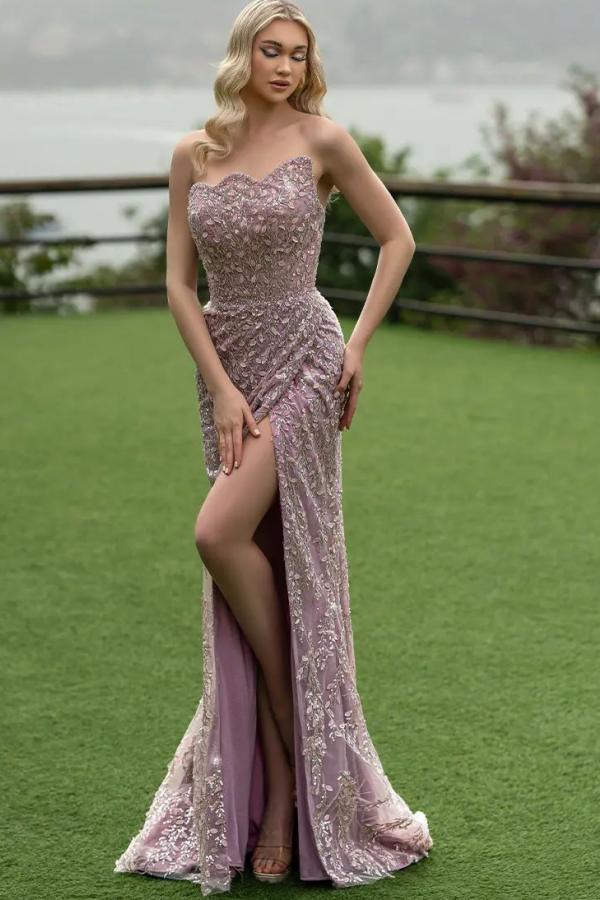 Strapless Tulle Appliques Lace Floor Length Mermaid Draped Prom Dress-BallBride