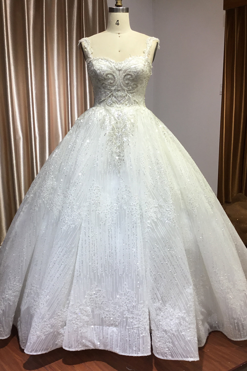 Straps Sweetheart Pleated Ball Gown Wedding Dress with Sequins-BallBride