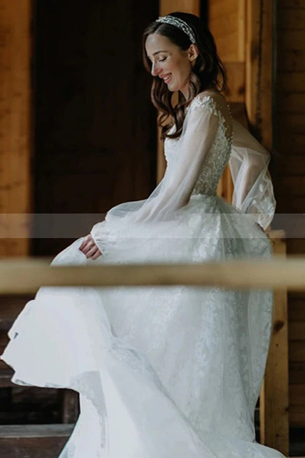 Stunning A-line Tulle Long Sleeves Lace Wedding Dress-BallBride