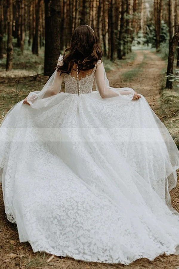 Stunning A-line Tulle Long Sleeves Lace Wedding Dress-BallBride