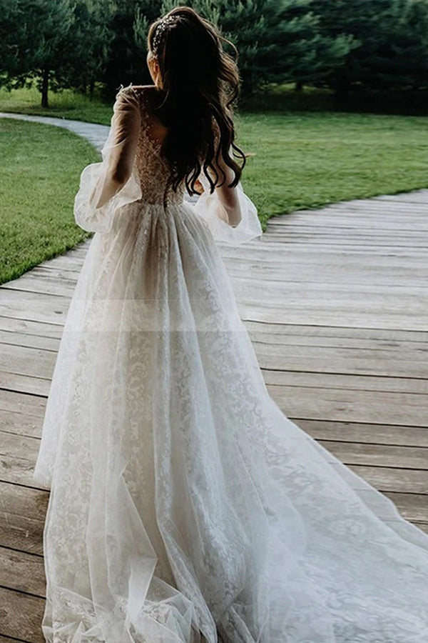 Stunning A-line Tulle Long Sleeves Lace Wedding Dress-BallBride