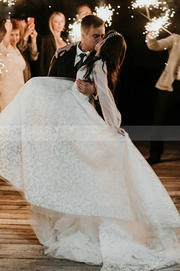 Stunning A-line Tulle Long Sleeves Lace Wedding Dress-BallBride