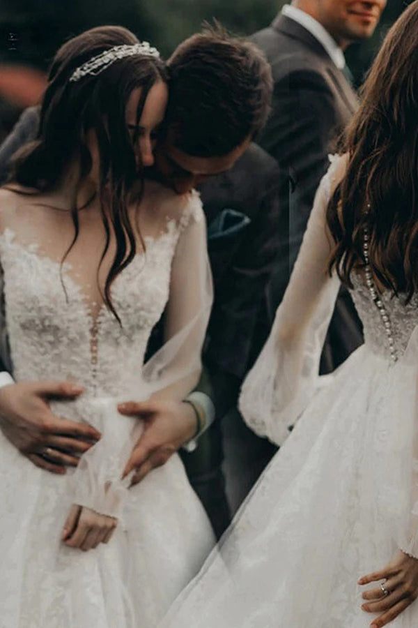 Stunning A-line Tulle Long Sleeves Lace Wedding Dress-BallBride