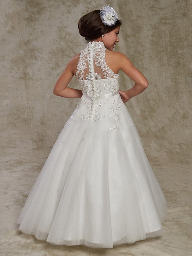 Stunning Ball Gown Sleeveless High Neck Flower Girl Dresses with Lace Beading Appliques-BallBride