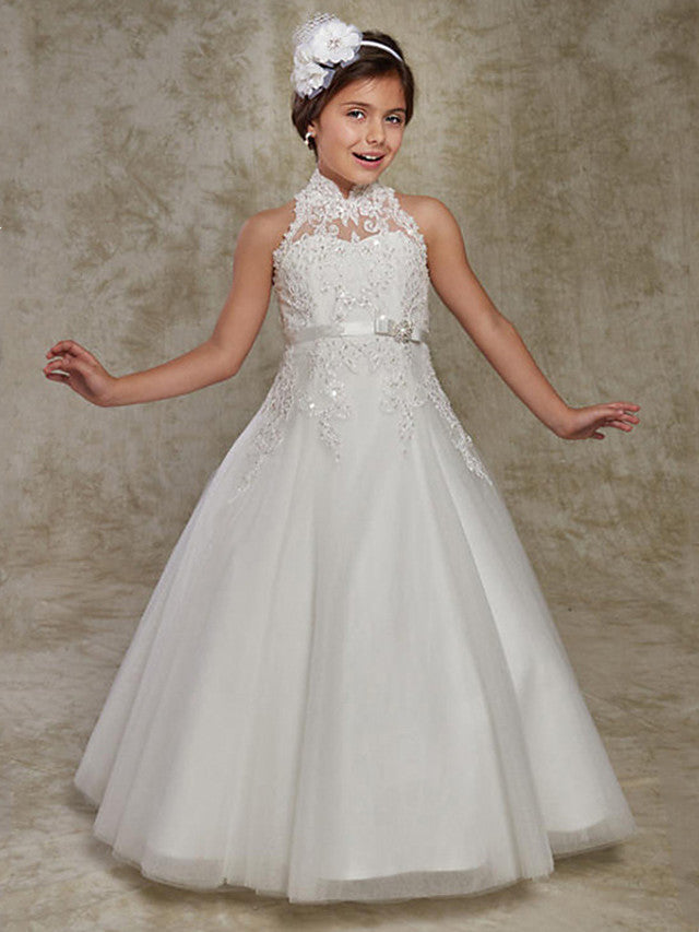 Stunning Ball Gown Sleeveless High Neck Flower Girl Dresses with Lace Beading Appliques-BallBride