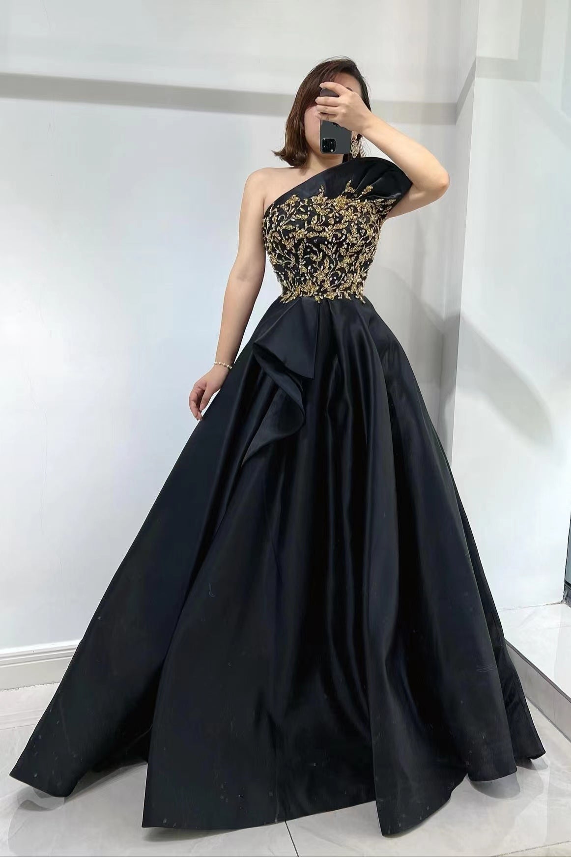 Stunning Black Evening Dress with Beadings & One Shoulder Slit-BallBride