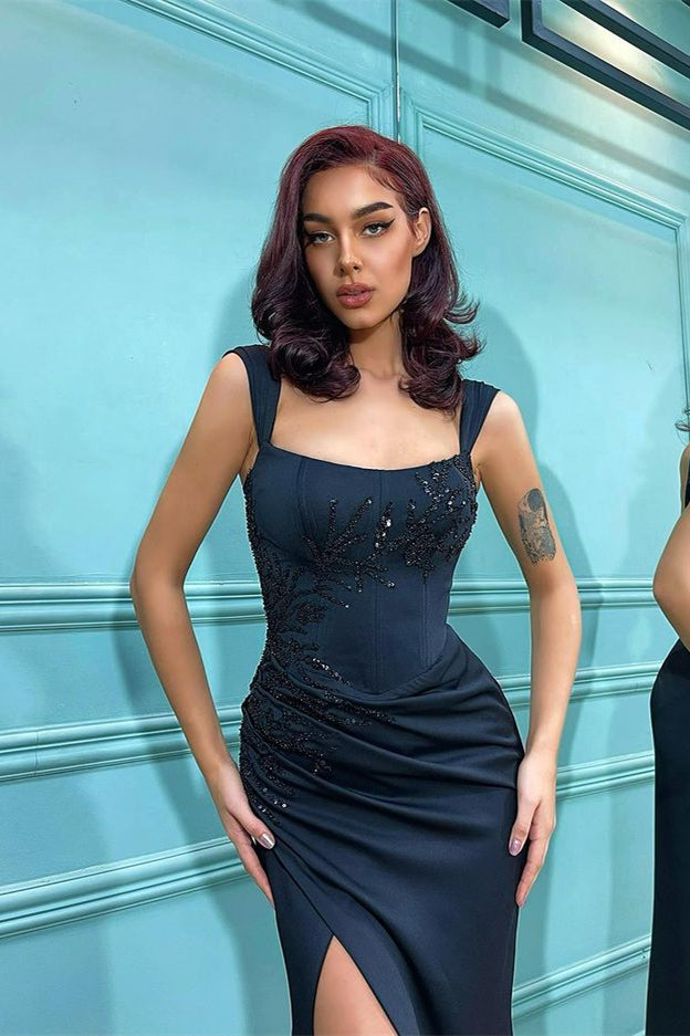 Stunning Black Mermaid Evening Dress With Beadings and Shoulder Straps Front Split-BallBride