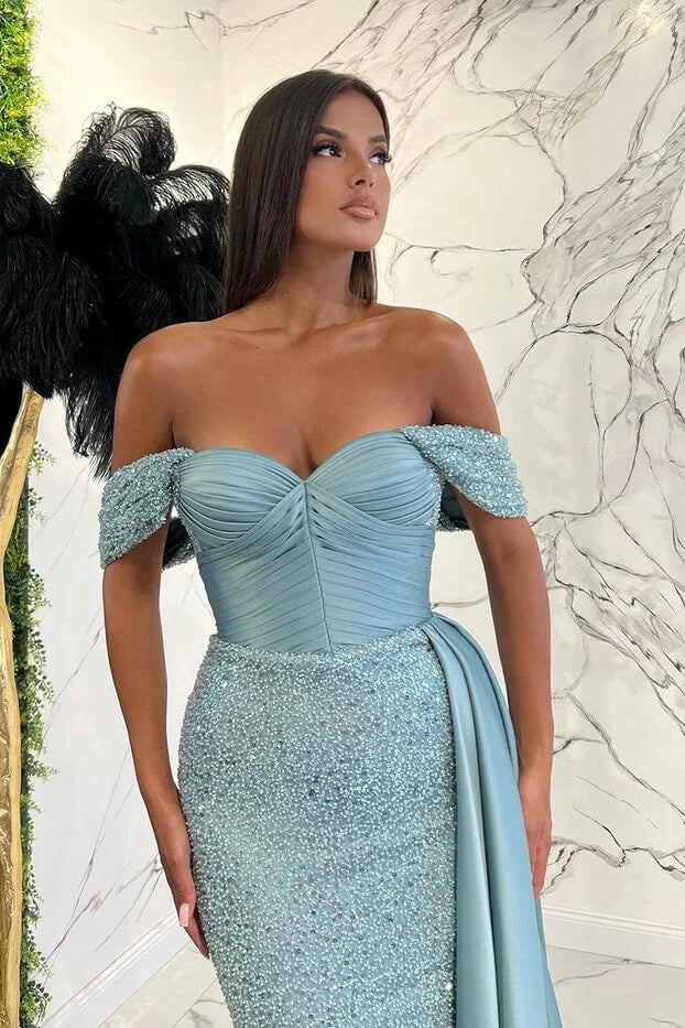 Stunning Blue Off-the-Shoulder Pleats Evening Dress Mermaid Sequins With Ruffle-BallBride