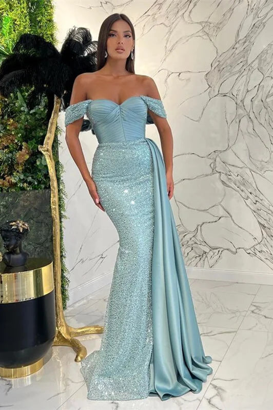 Stunning Blue Off-the-Shoulder Pleats Evening Dress Mermaid Sequins With Ruffle-BallBride