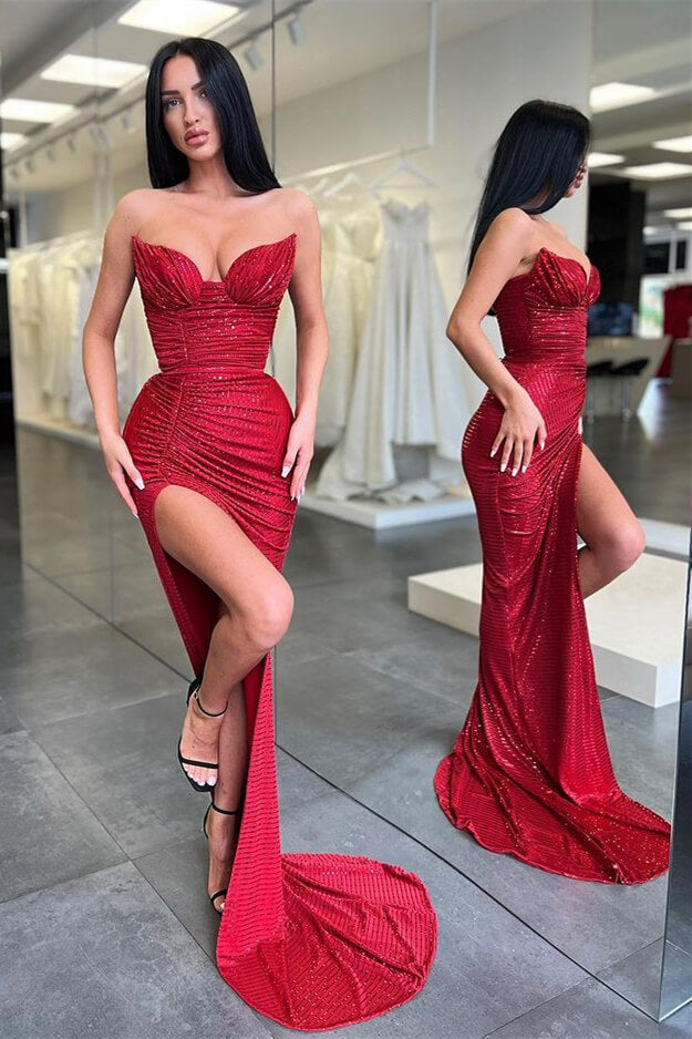 Stunning Burgundy Sequins Long Sleeveless Mermaid Prom Dress with Split-BallBride