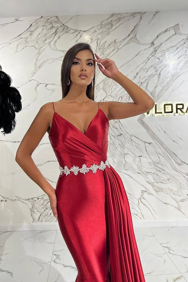 Stunning Burgundy Spaghetti-Straps V-Neck Mermaid Evening Dress Sleeveless With Ruffles-BallBride