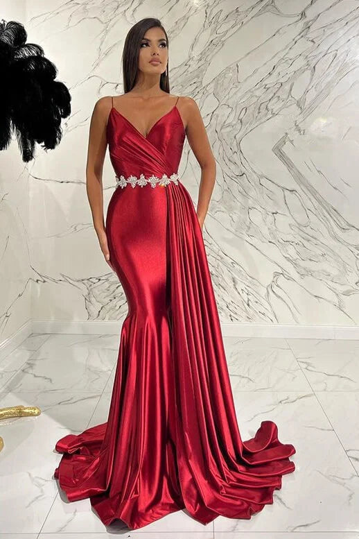 Stunning Burgundy Spaghetti-Straps V-Neck Mermaid Evening Dress Sleeveless With Ruffles-BallBride