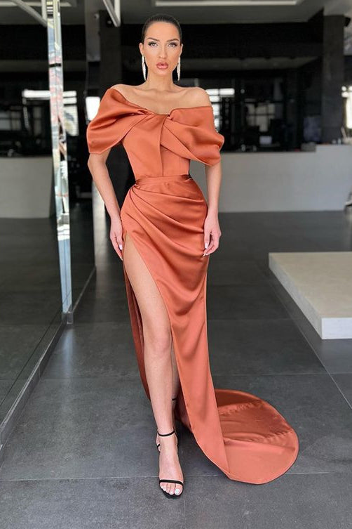 Stunning Burnt Orange Mermaid Evening Dress with Slit and Off-the-Shoulder Design-BallBride