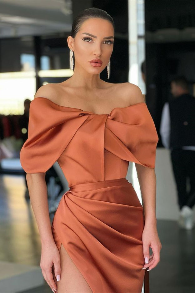Stunning Burnt Orange Mermaid Evening Dress with Slit and Off-the-Shoulder Design-BallBride