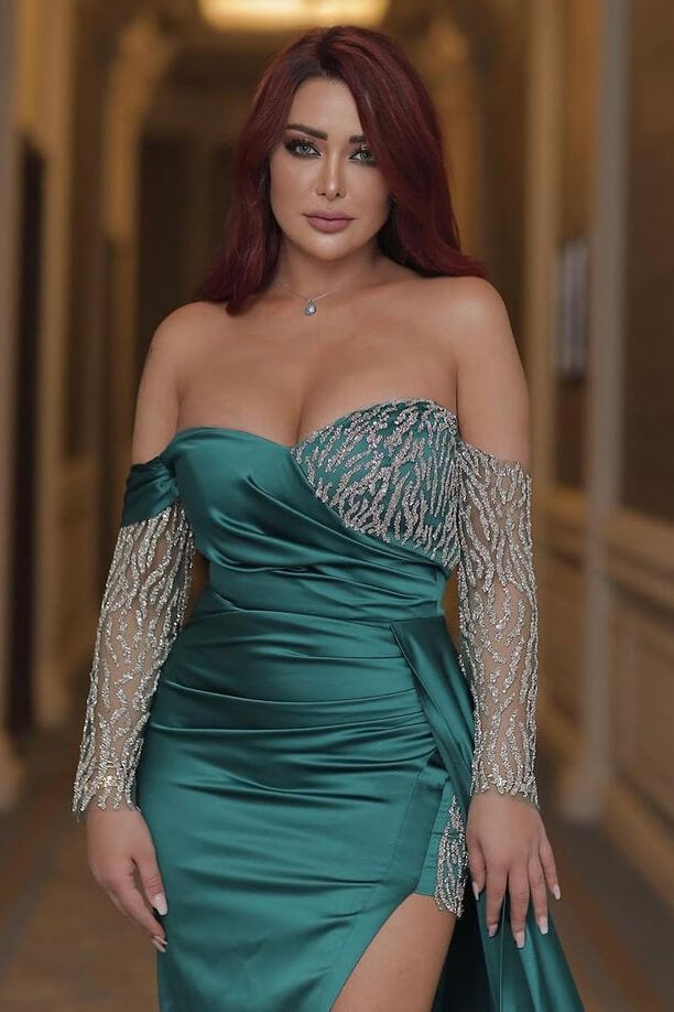 Stunning Emerald Green Off-the-Shoulder Evening Gown with Long Sleeves and Mermaid Slit-BallBride