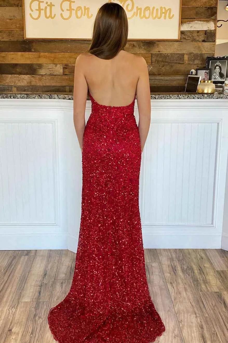 Stunning Halter Red Evening Dress Sequins Sleeveless With Slit-BallBride