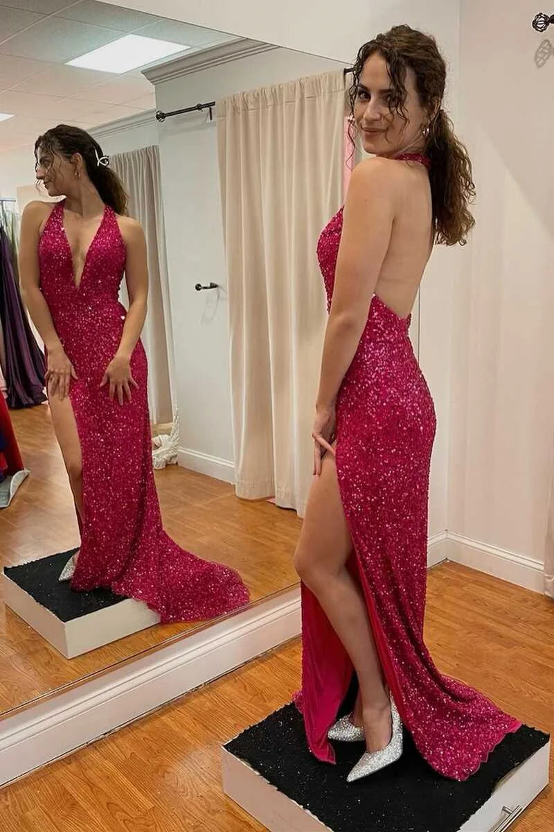 Stunning Halter Red Evening Dress Sequins Sleeveless With Slit-BallBride