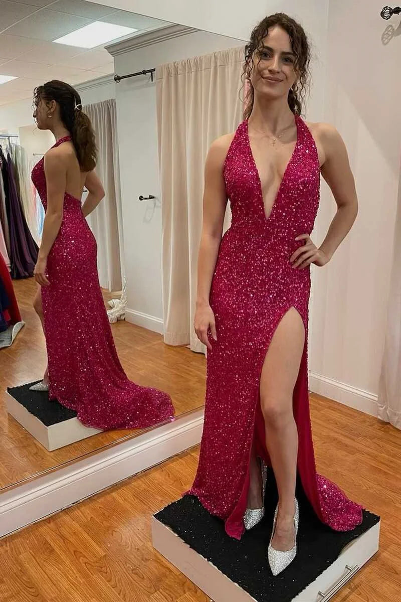 Stunning Halter Red Evening Dress Sequins Sleeveless With Slit-BallBride