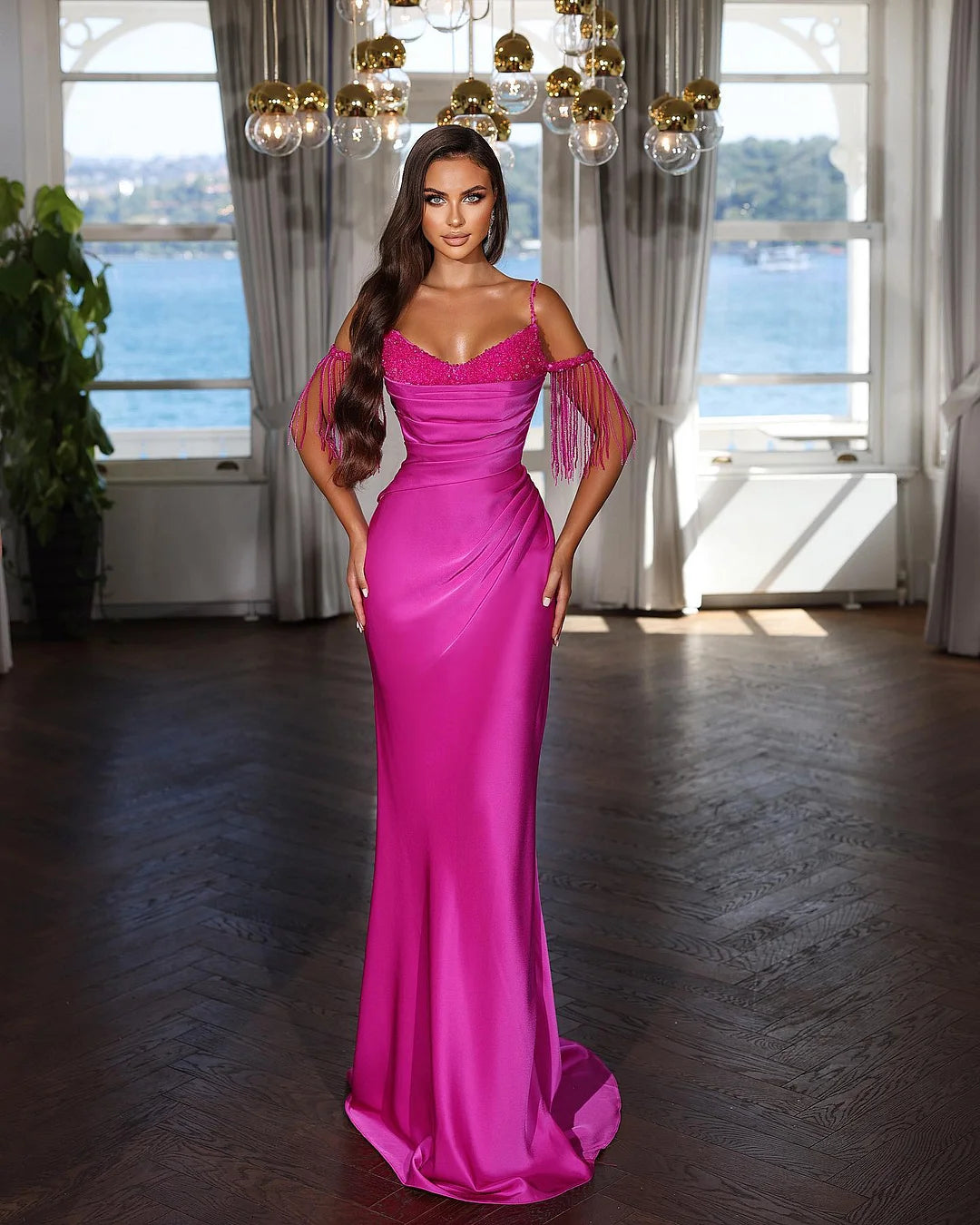 Stunning Hot Pink Long Mermaid Evening Dress Spaghetti-STraps With Sequins Tassels-BallBride
