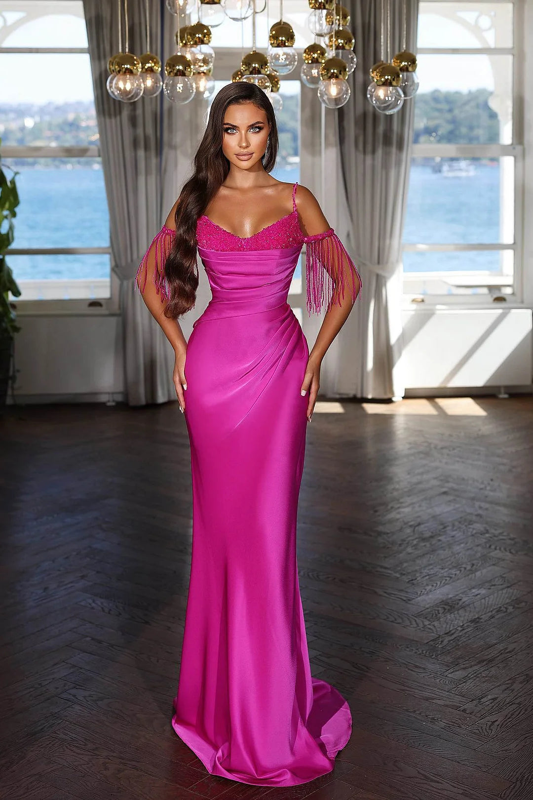 Stunning Hot Pink Long Mermaid Evening Dress Spaghetti-STraps With Sequins Tassels-BallBride