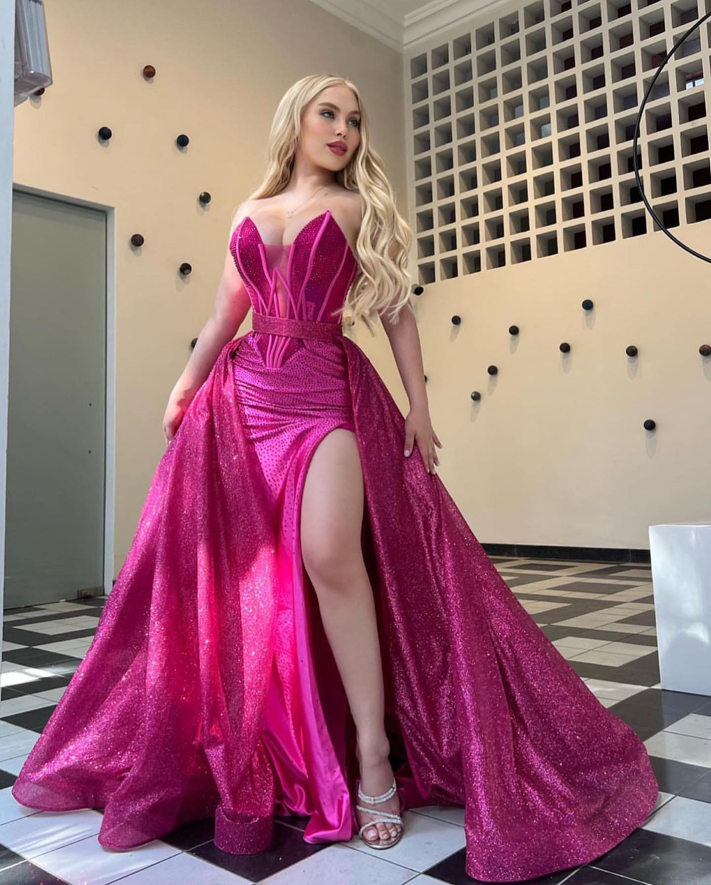 Stunning Hot Pink Sweetheart Split Sequins Prom Dress with Ruffles-BallBride