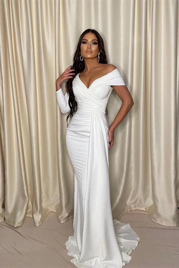 Stunning Long Sleeve Off-the-Shoulder White Evening Dress Mermaid Long With Pleats-BallBride
