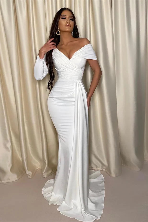 Stunning Long Sleeve Off-the-Shoulder White Evening Dress Mermaid Long With Pleats-BallBride