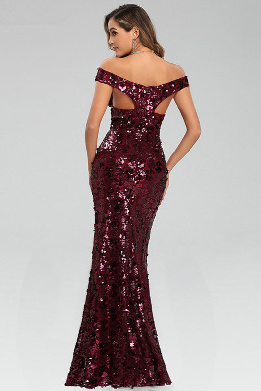 Stunning Off-the-Shoulder Burgundy Sequin Prom Dress Long Mermaid Evening Party Gowns-BallBride