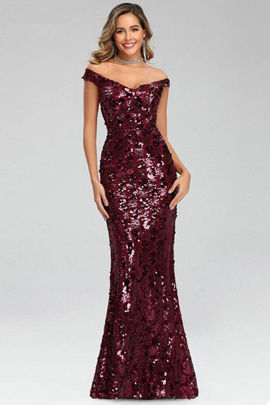 Stunning Off-the-Shoulder Burgundy Sequin Prom Dress Long Mermaid Evening Party Gowns-BallBride