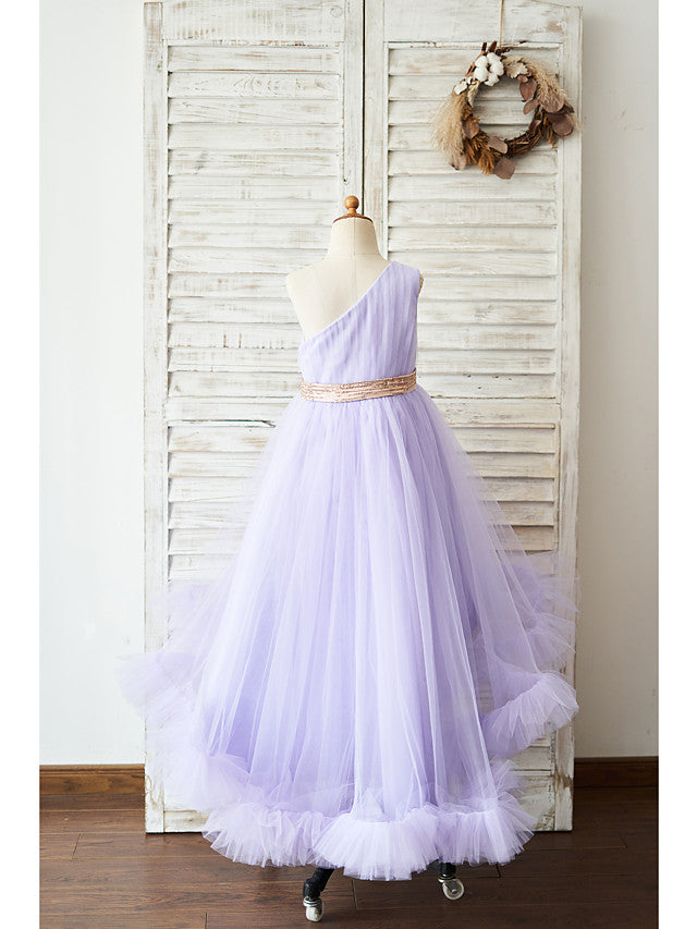 Stunning One Shoulder Ball Gown with Asymmetrical Flower Design for Girls-BallBride