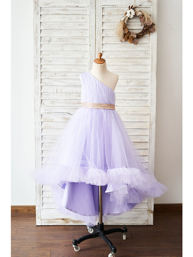 Stunning One Shoulder Ball Gown with Asymmetrical Flower Design for Girls-BallBride