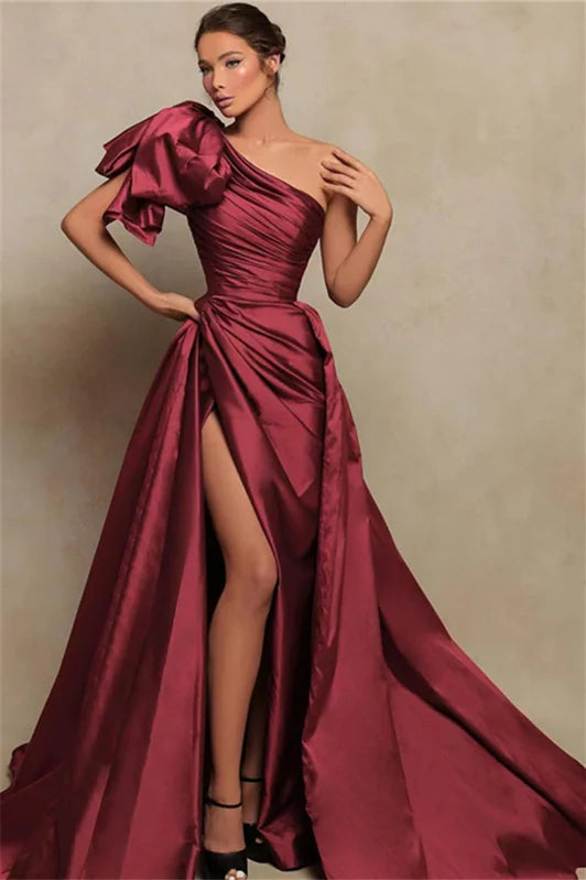Stunning One Shoulder Mermaid Long Evening Party Gowns Split Overskirt-BallBride