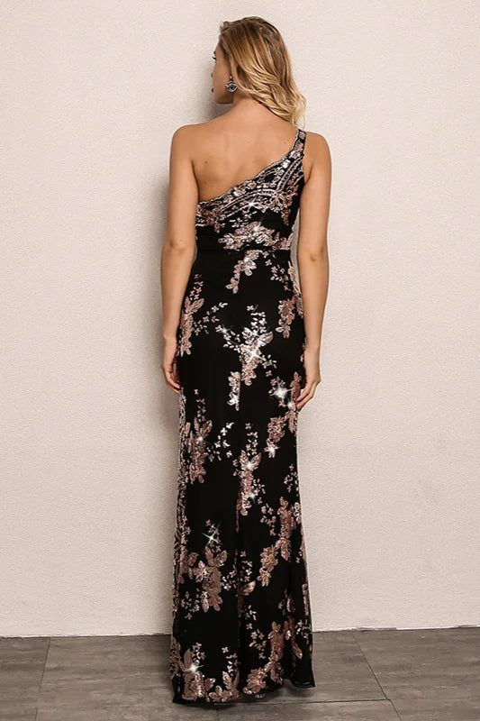 Stunning One Shoulder Sequins Prom Dress Long Split Evening Gowns-BallBride