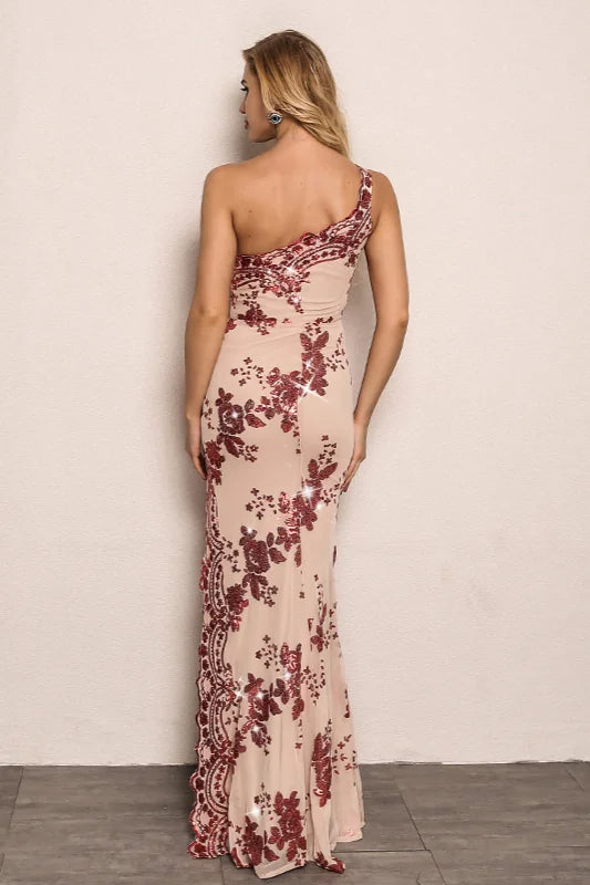 Stunning One Shoulder Sequins Prom Dress Long Split Evening Gowns-BallBride