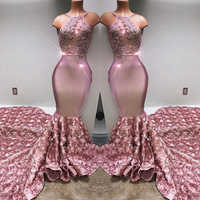Stunning Pink Lace Halter Mermaid Prom Dress with Flowers Bottom-BallBride
