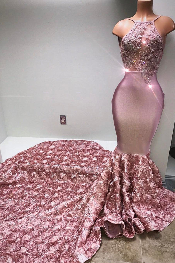 Stunning Pink Lace Halter Mermaid Prom Dress with Flowers Bottom-BallBride
