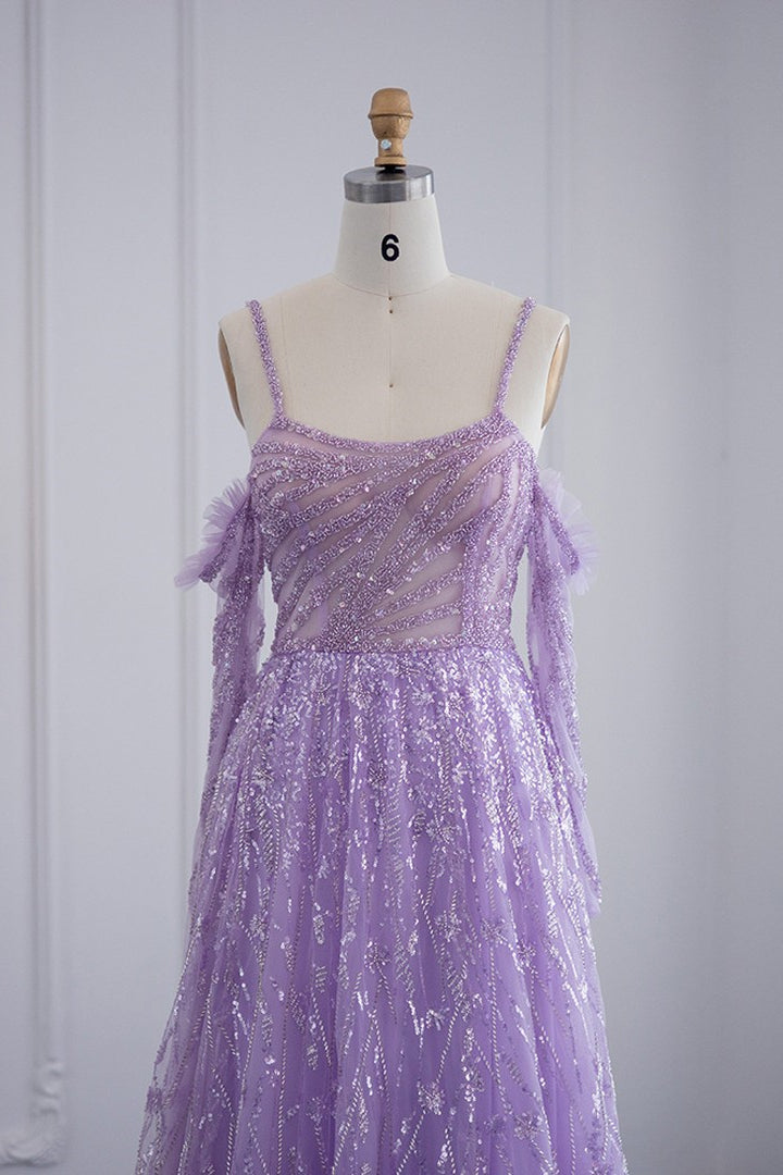 Stunning Pink Off-The-Shoulder Prom Dress with Long Sleeves and Sparkle Appliques-BallBride