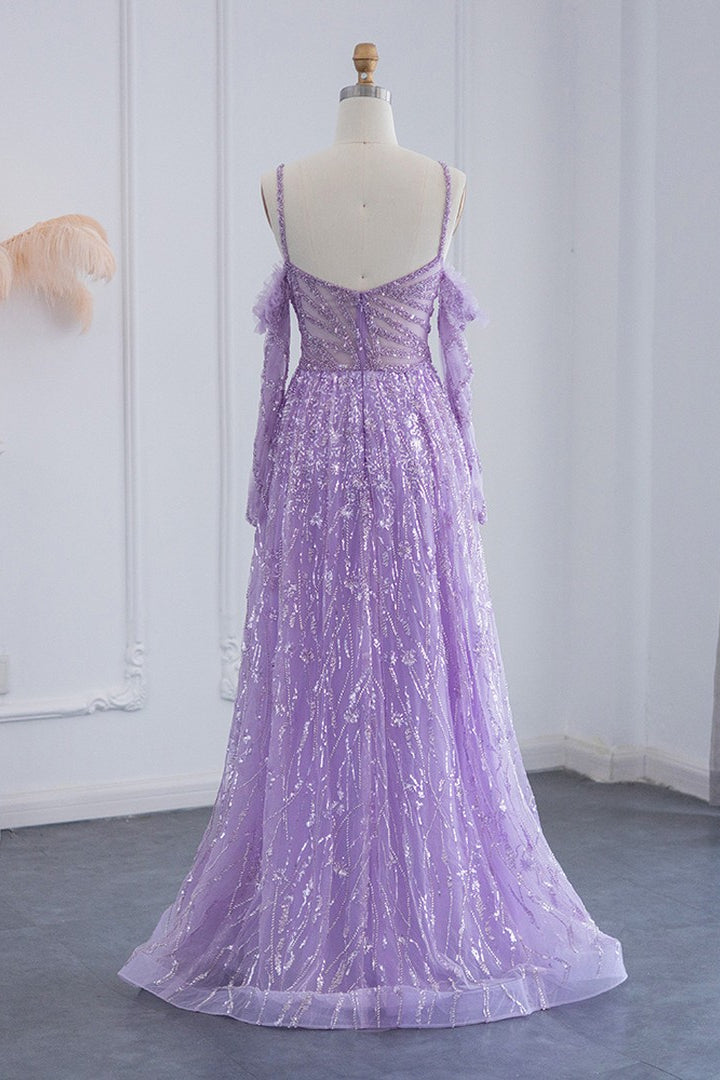 Stunning Pink Off-The-Shoulder Prom Dress with Long Sleeves and Sparkle Appliques-BallBride