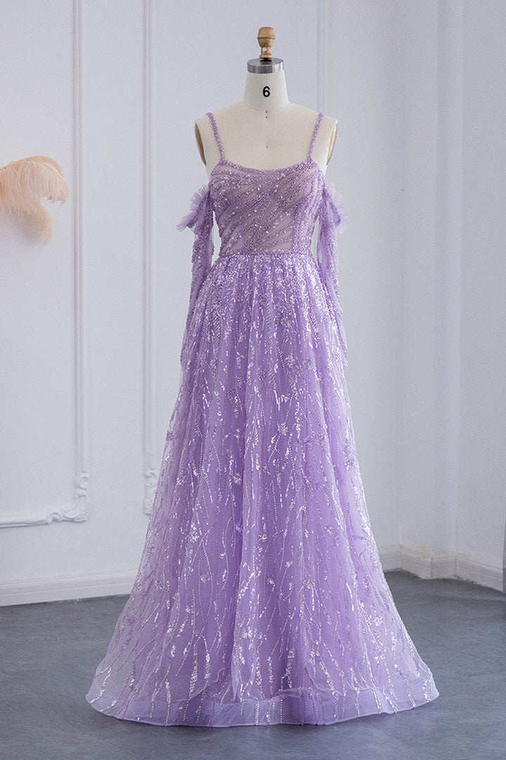 Stunning Pink Off-The-Shoulder Prom Dress with Long Sleeves and Sparkle Appliques-BallBride