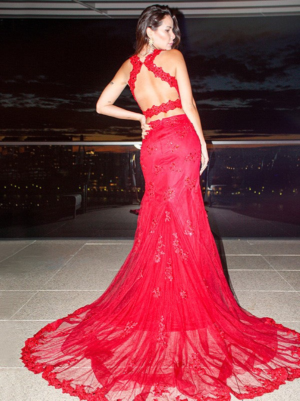 Stunning Red Mermaid Evening Dress with Lace Appliques & Split-BallBride