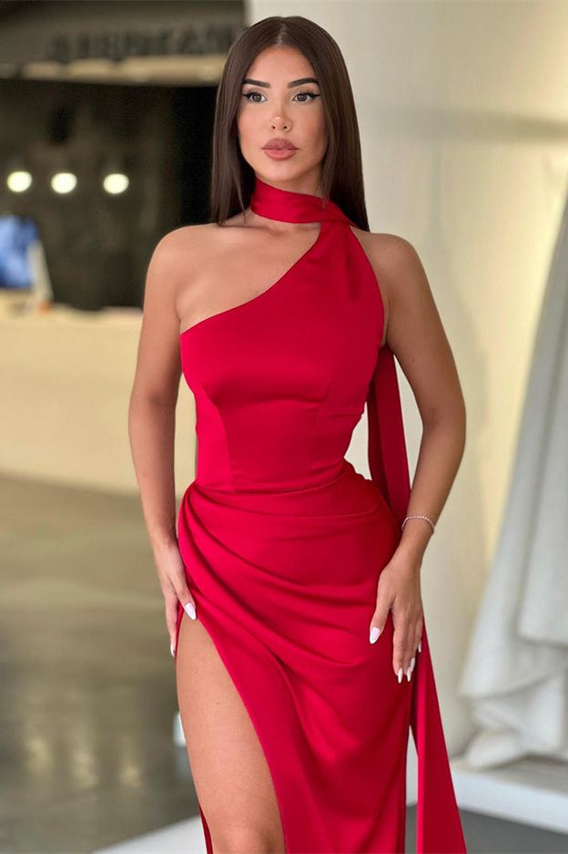 Stunning Red Mermaid Evening Dress with One Shoulder Split-BallBride