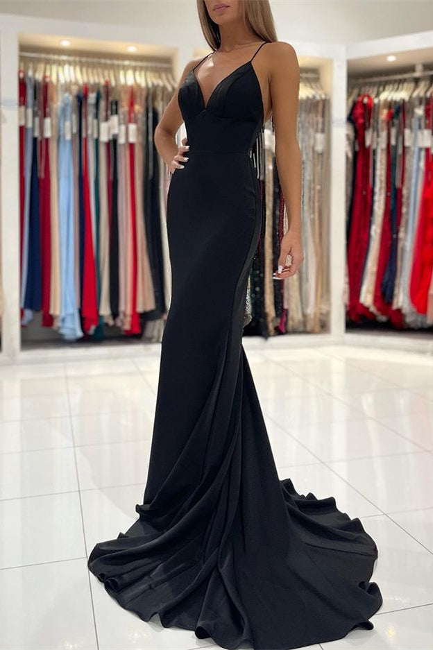 Stunning Spaghetti-Straps Black Long Mermaid Prom Dress-BallBride