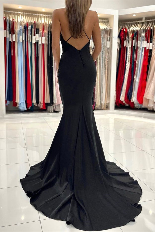 Stunning Spaghetti-Straps Black Long Mermaid Prom Dress-BallBride