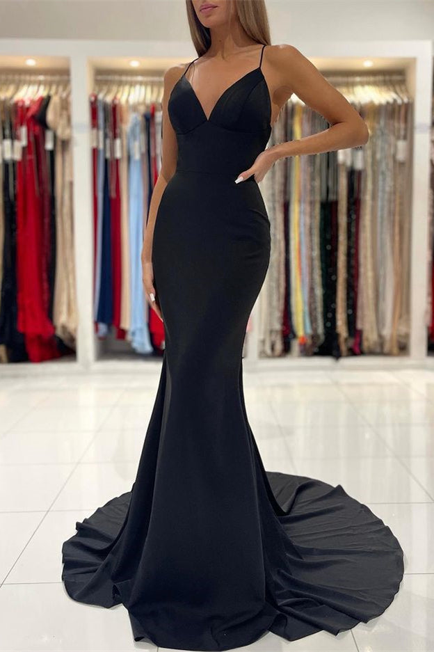 Stunning Spaghetti-Straps Black Long Mermaid Prom Dress-BallBride