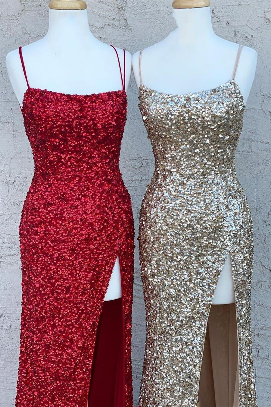 Stunning Sparkle Sequins Mermaid Evening Dress Split With Spaghetti-Straps-BallBride